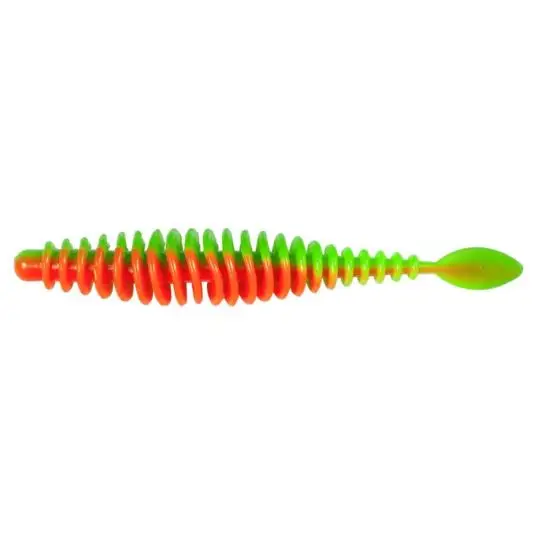 Lichidare de stoc Shaduri Magic Trout T-Worm P-Tail Chilli-Cheese, Neon Green Orange, 6.5cm, 6buc/borcan