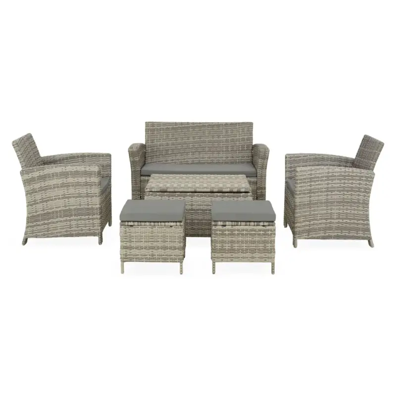 MEGARA Set mobilier terasă/grădină, 2 fotolii, canapea 2 locuri, 2 taburete și măsuță Vezi acum
