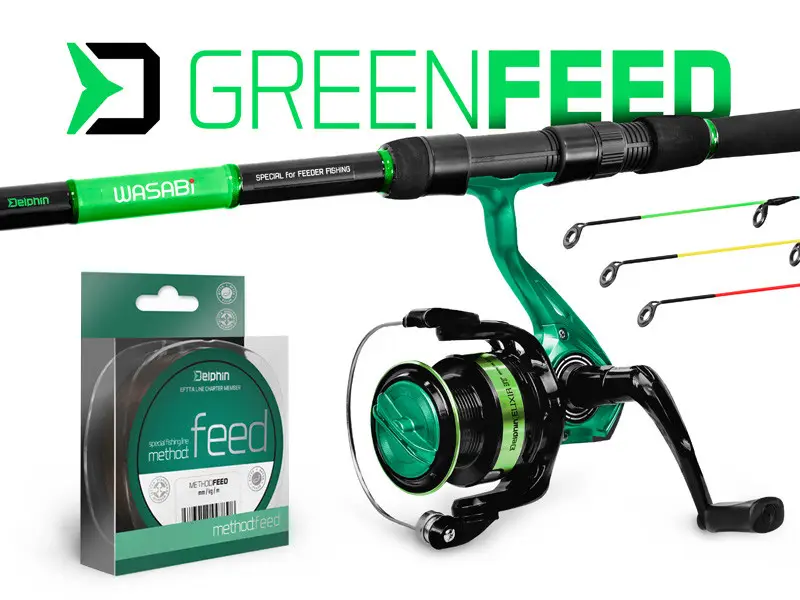 Expediere rapidă Combo Pescuit la Feeder Delphin GreenFEED, Lanseta Wasabi 3.30m, 100g, 3+3Buc + Mulineta Elixir 3000 + Fir Method FEED, 200m, 0.22mm