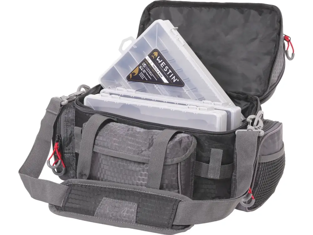 Plată sigură Geanta Accesorii Westin W4 Lure Bag Plus + 4 Cutii, Small, Titanium Black, 40x22x25cm