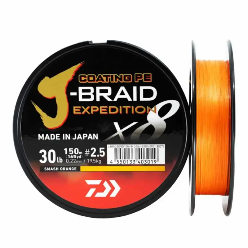 Plată sigură Fir Daiwa J-Braid Expedition X8 Coating PE, Smash Orange, 0.16mm, 150m