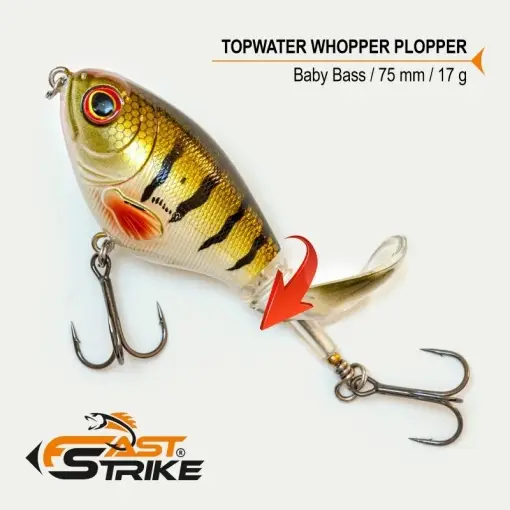Disponibil imediat Vobler Fast Strike Top Water, Baby Bass 001, 7.5cm, 17g