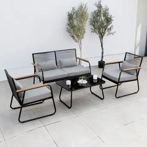 Set mobilier gradina/terasa, 2 fotolii + canapea + masuta, otel, negru/gri Ofertă exclusivă