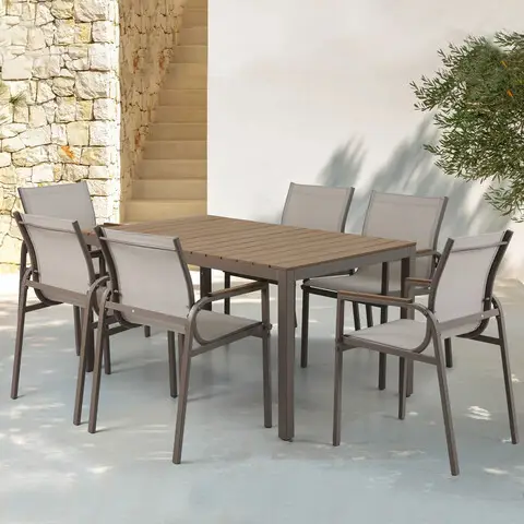 Set 6 scaune si masa Parma, 150x90x75 cm/ 56.5x64x91 cm, otel/textilina, bej/natur Discount