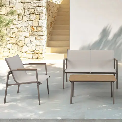 Ofertă Set mobilier gradina/terasa, 2 fotolii + canapea + masuta Parma, 62x72x81 cm/ 119x70x81 cm/ 85x45x41 cm, otel/textilina, bej/natur