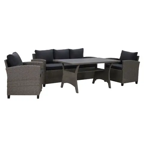 Set mobilier gradina/terasa, 2 fotolii + canapea + masa Baxter, 65x67x73 cm/ 171x65x73 cm/ 145x74x67 cm, otel/poliester, gri/negru Noutate