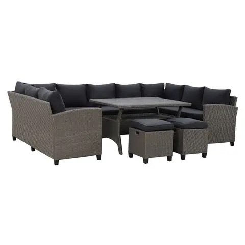 Premium Set coltar de gradina/terasa 6 piese, cu spatiu de depozitare Baxter, 120x82x67 cm/ 165x67x73 cm, otel/poliester, gri/negru