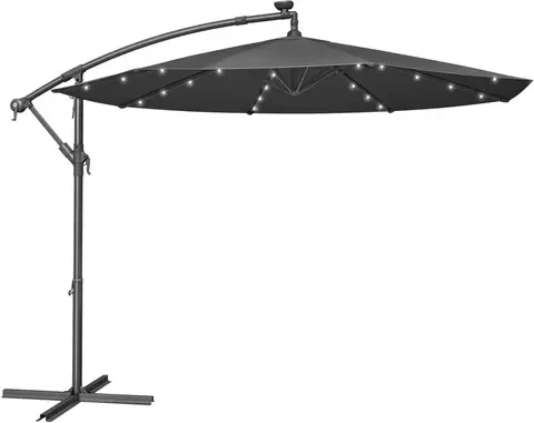 Umbrela pentru gradina cu picior lateral si iluminare LED solara, Songmics, 300 cm, protectie UV 50+, manivela pentru deschidere si inchidere, gri Premium