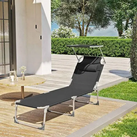 Super ofertă Sezlong pliabil cu parasolar si tetiera, Songmics, max 150 kg, 193x53x29.5 cm, negru