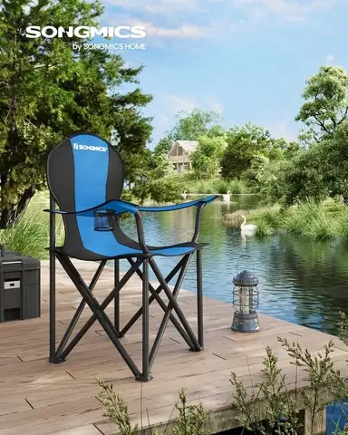 Premium Scaun pliabil pentru camping, Songmics, max 250 kg, 90x55x102 cm, otel/tesatura Oxford/sezut din spuma, albastru