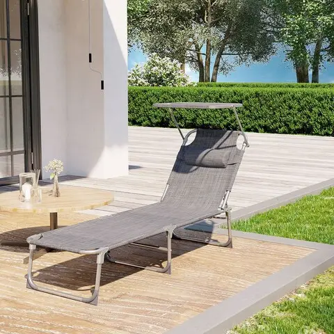 Ofertă Sezlong pliabil cu parasolar si tetiera, Songmics, max 150 kg, 193x5329.5 cm, gri