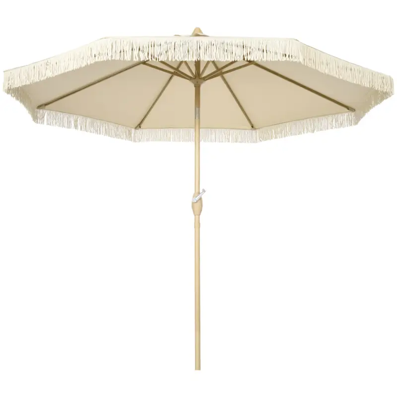 Outsunny Umbrelă de Grădină Înclinabilă pe 3 Niveluri cu Franjuri, Manivelă și Tijă cu 2 Secțiuni, Ø265x244 cm, Crem Noutate