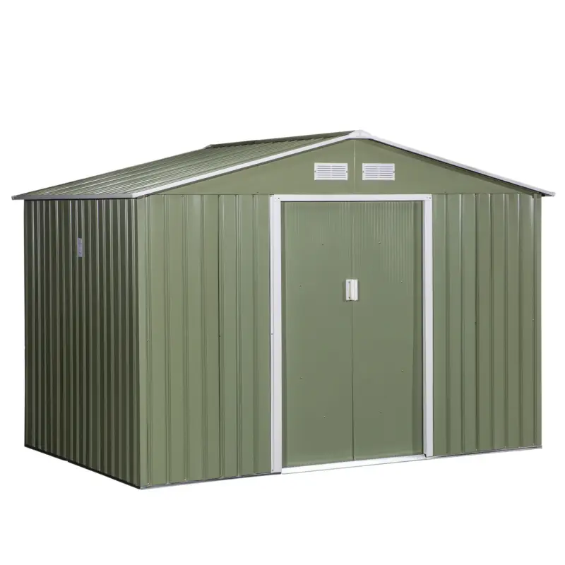 Outsunny Magazie de gradina 277 x 195 x 192cm cu usi glisante duble, 4 orificii de aerisire, din otel durabil, verde Preț mic
