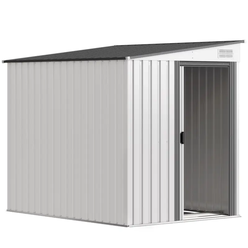 Comandă acum Outsunny Căsuță pentru depozitare unelte din metal 1,5x2m cu bază, ușă glisantă și acoperiș înclinat, albă