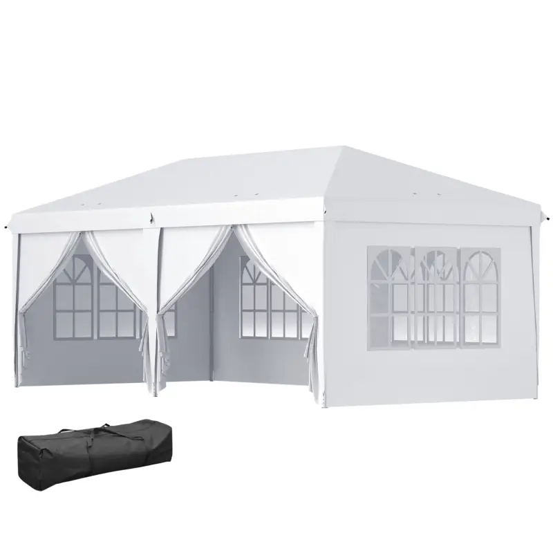 Super ofertă Outsunny Pavilion 6x3 m pliabil de grădină cu 6 pereți laterali din oțel și material Oxford, cu frânghii și țăruși, alb