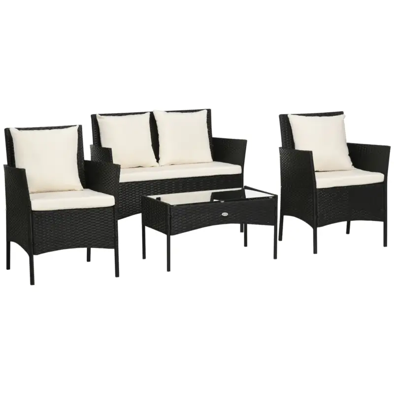 Livrare rapidă Outsunny Set de Gradina 4 Piese din Ratan cu 2 Scaune, Fotoliu de Gradina cu 2 Locuri si Masuta Joasa de Cafea, Negru si Crem