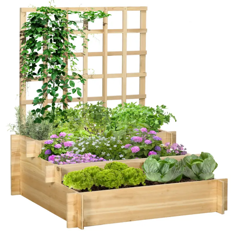 Plată securizată Outsunny Jardiniera cu 3 Niveluri cu Grilaj pentru Catarat Vita de Vie, Paturi Suprainaltate din Lemn pentru Gradina, Jardiniera in Aer Liber pentru Legume, Flori, Ierburi, Nuanta Natur