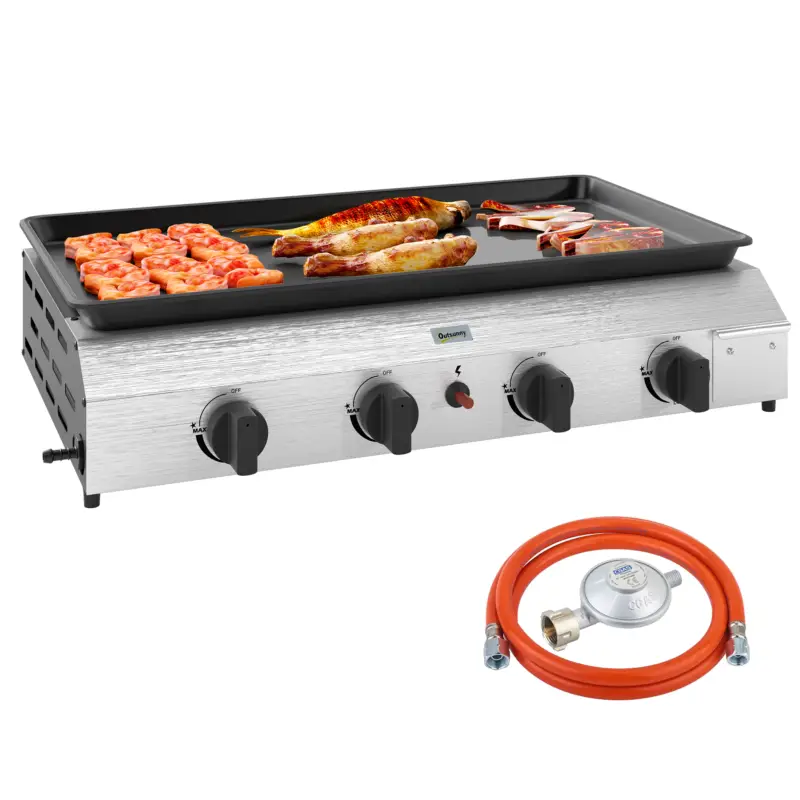 Reducere specială Outsunny Plită de grătar pe gaz cu 4 arzătoare de 2,4 kW și suprafață antiaderentă, 77x44,5x19 cm, argintiu