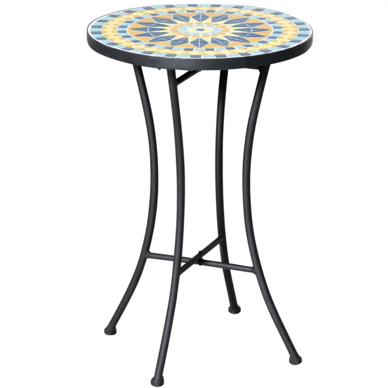 Outsunny Masuta de Gradina din Metal cu Blat din Mozaic Ceramic, Ф35.5x53.5cm, Multicolor Preț promoțional