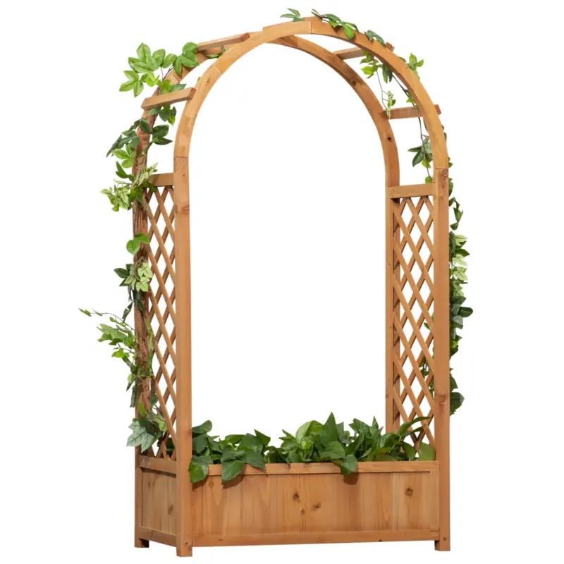 Reduceri Outsunny Jardiniera de Exterior din Lemn de Brad Maro cu Arc Decorativ si Grile pentru Plante Cataratoare, 83x36x152 cm