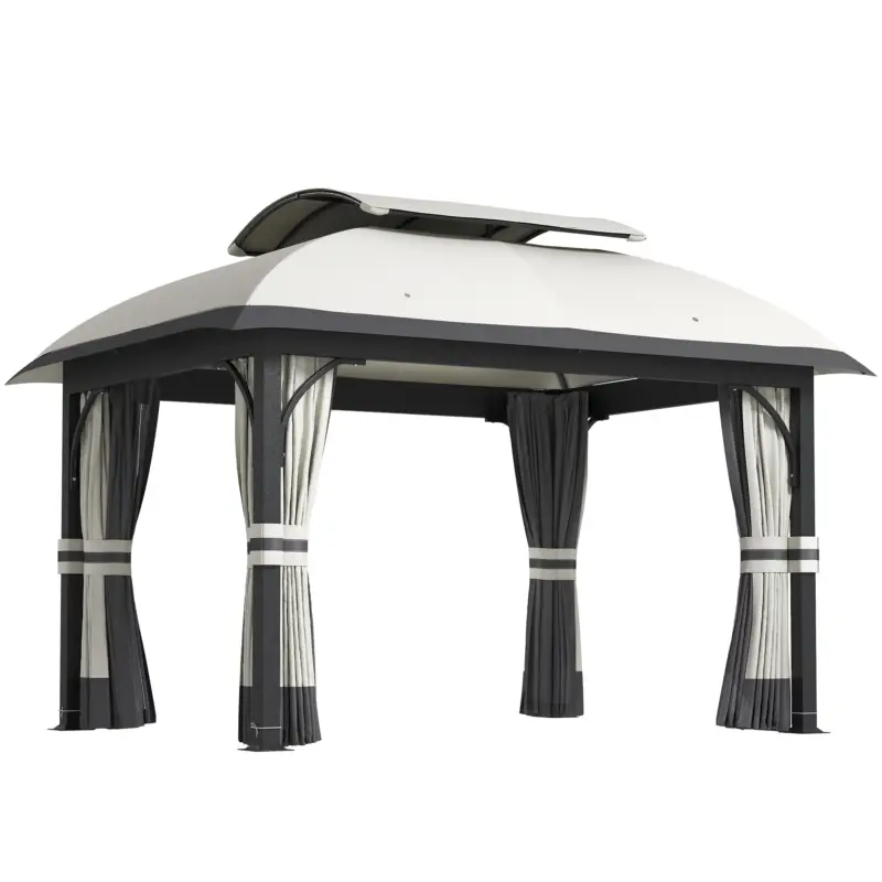 Cumpără acum Outsunny Pavilion de grădină 4x3 m cu plase împotriva țânțarilor și acoperiș dublu, din metal și poliester, gri deschis