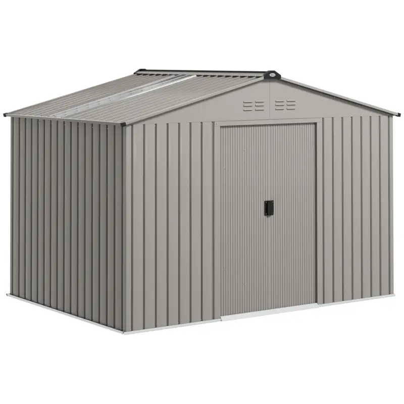 Lichidare de stoc Outsunny Casă de Grădină 4,9 m² 277x195x192 cm cu 2 Uși Glisante, Acoperiș Înclinat și 4 Grile Gri Argintiu