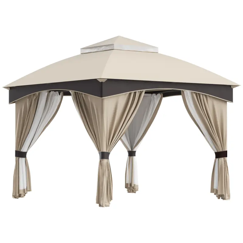 Outsunny Foișor de Grădină 3x3m, Pavilion Exterior cu Acoperiș Dublu, Include Plasă de Tânțari și Draperii Laterale, Cadru Metalic Robust, Bej/Maro Lichidare de stoc