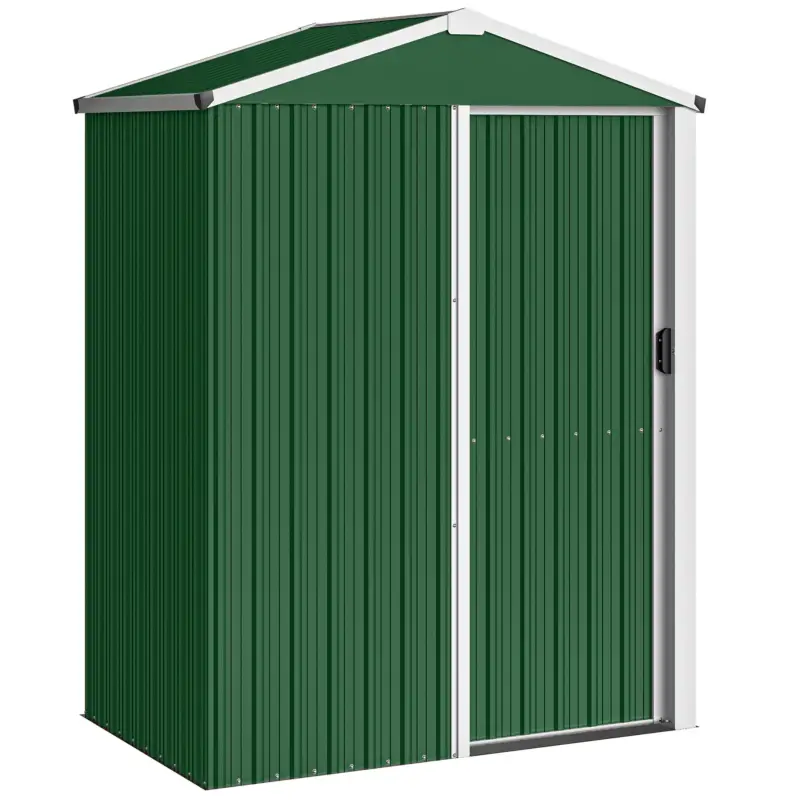 Cumpără online Outsunny Căsuță de Grădină 1.1m² din Oțel Galvanizat, Căsuță de Depozitare cu Ușă Glisantă Blocabilă, Acoperiș Înclinat, Mănuși, Căsuță de Unelte, 136x87x179 cm, Verde