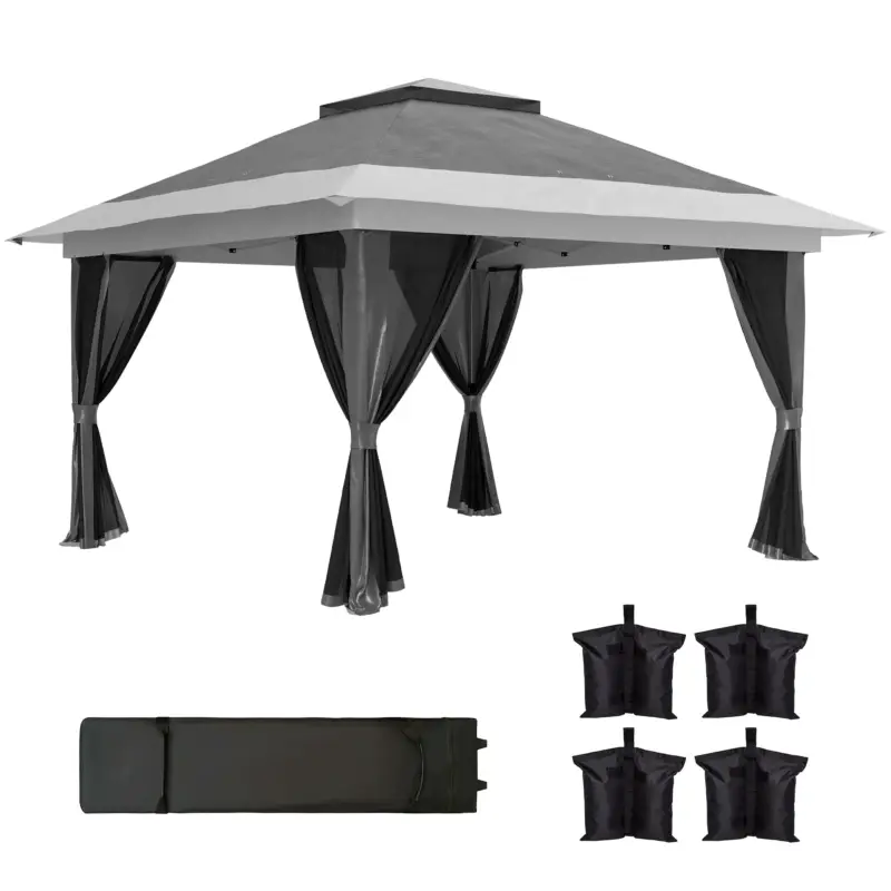 Reducere specială Outsunny Pavilion Pliabil 3,6x3,6m cu Pereți, Înălțime Reglabilă și Protecție UPF50+, Geantă cu Roți, Gri