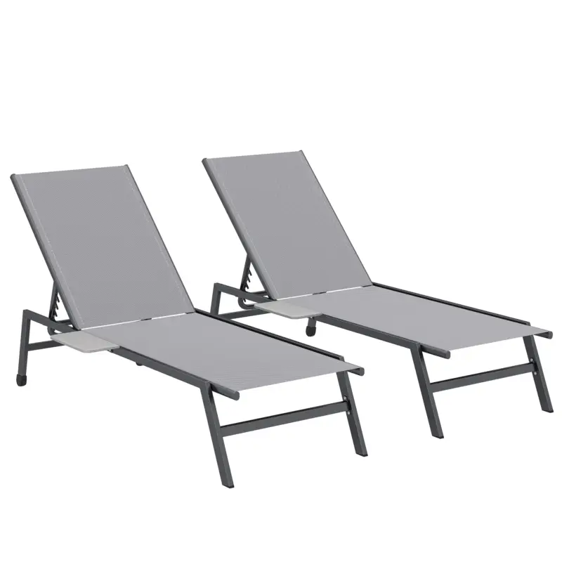 Outsunny Set 2 Șezlonguri Reglabile în 5 Poziții cu Măsuță Laterală și 2 Roți, din Metal și Poliester, Gri Cel mai bun preț
