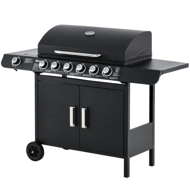 Outsunny Gratar pe Gaz cu Capac, 7 Arzatoare de 20 kW in total si Arzator Lateral, Termometru, Raft si 2 Roti, 135x50x100cm Negru Cumpărături sigure