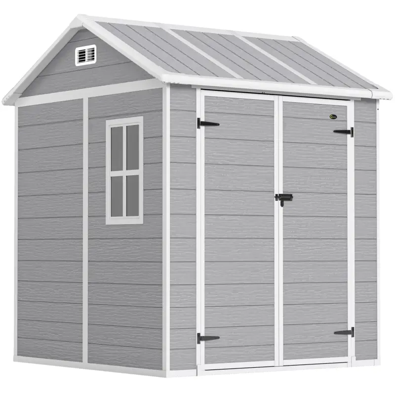 Outsunny Căsuță de grădină din rășină cu podea, 2 uși blocabile, fereastră, 1.8x1.8m, gri Ieftin