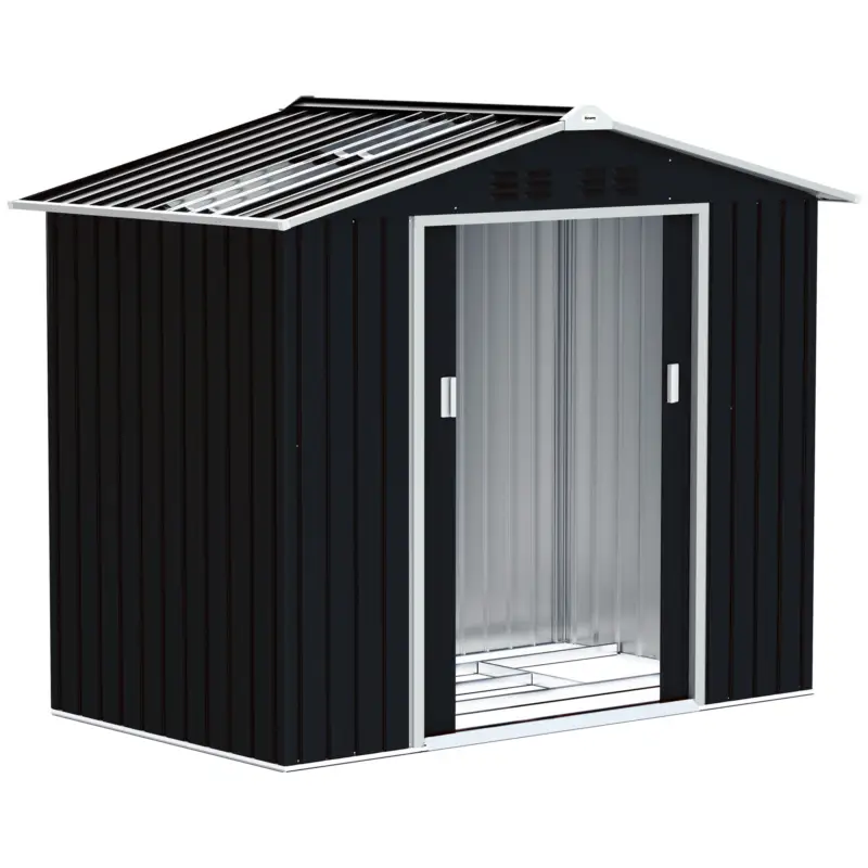 Căsuță din Metal 2,77 m² Outsunny 213 x 130 x 185 cm cu Fundație, Uși Glisante Gri Închis Promoție