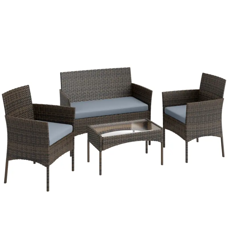 Outsunny Set Mobilier de Grădină din 4 Piese cu Canapea, 2 Fotolii și Măsuță de Cafea, 102x58x82 cm, Maro Reducere specială