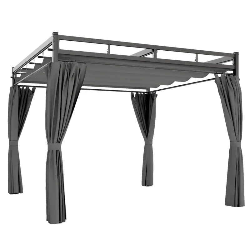 Disponibil imediat Outsunny Pergolă Gazebo 3x3 m cu Acoperiș Retractabil, 4 Pereți Laterali, Orificii de Drenare, Pergolă din Poliester și Oțel pentru Grădină, Terasă, Exterior, UV30+, Gri Închis
