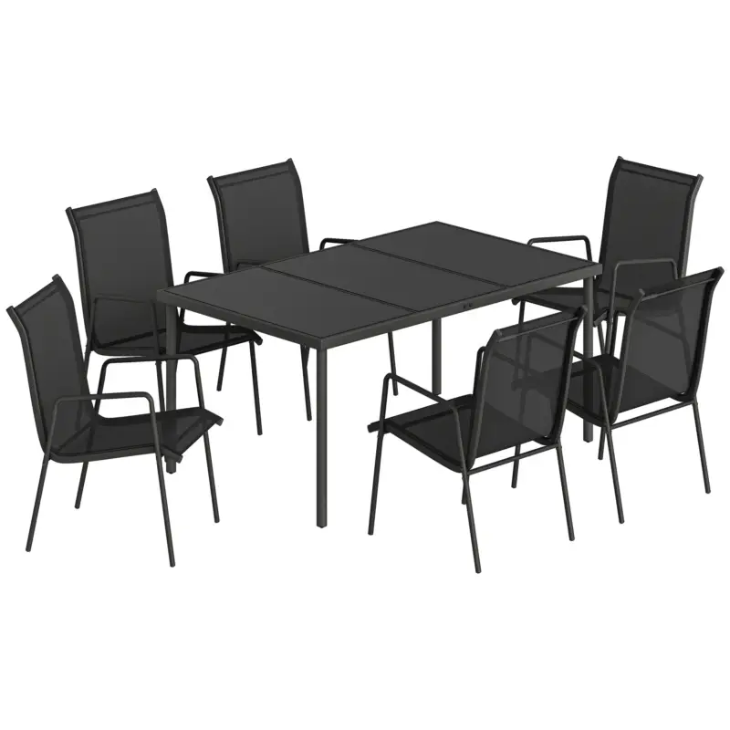 Reducere extra Outsunny Set de Grădină 7 piese din Oțel cu 6 Scaune Stivuibile din Textilenă și Masă de Cafea cu Blat din Sticlă, Negru