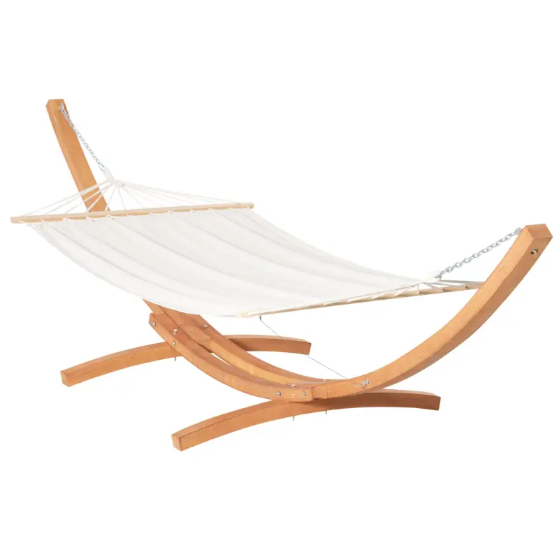 Calitate înaltă Hamac Outsunny cu Suport din Lemn si Bumbac, Hamac de Gradina pentru alte Spatii Exterioare, 392x120x102cm, Alb