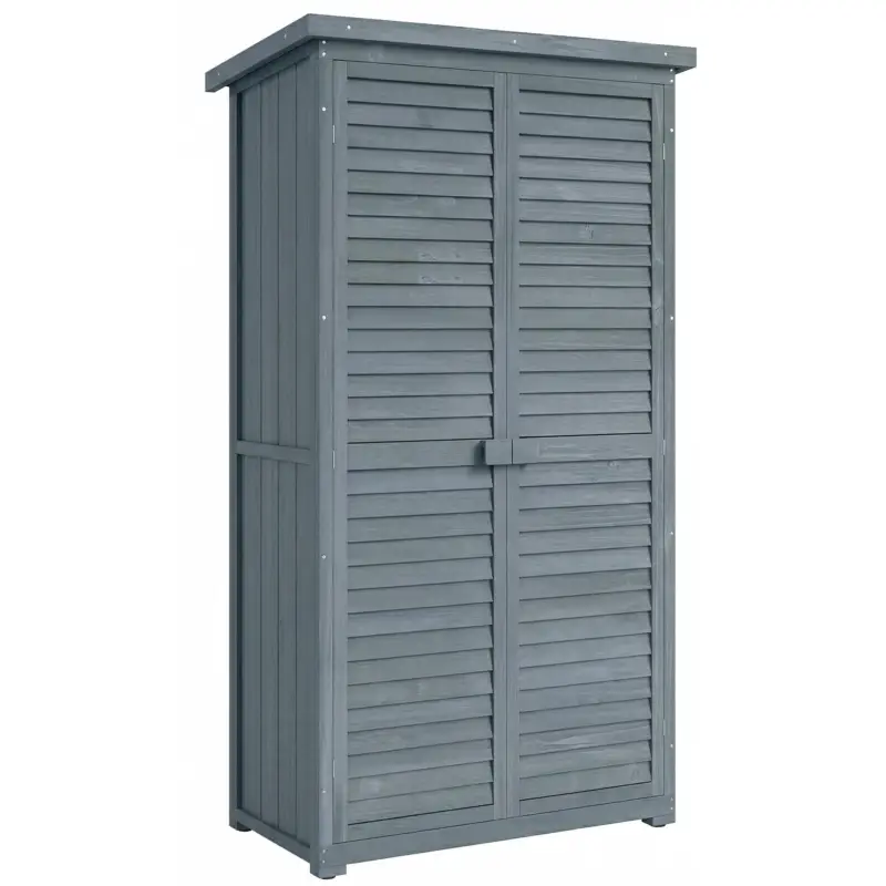 Livrare rapidă Outsunny Dulap de Exterior din Lemn cu 2 Uși Tip Jaluzea și Rafturi Interne, 87x46.5x160 cm, Gri