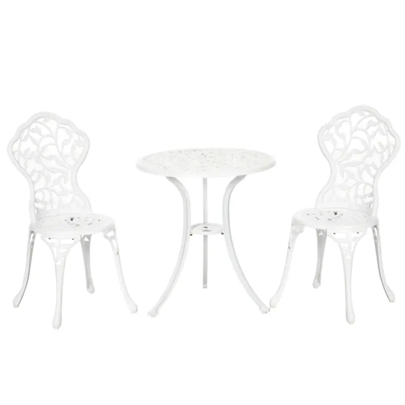 Preferatul clienților Outsunny Set pentru gradina 3 bucati din aluminiu alb cu design floral, 2 scaune pentru exterior 45x42x85.5 cm si masa rotunda Ø61x66.5 cm