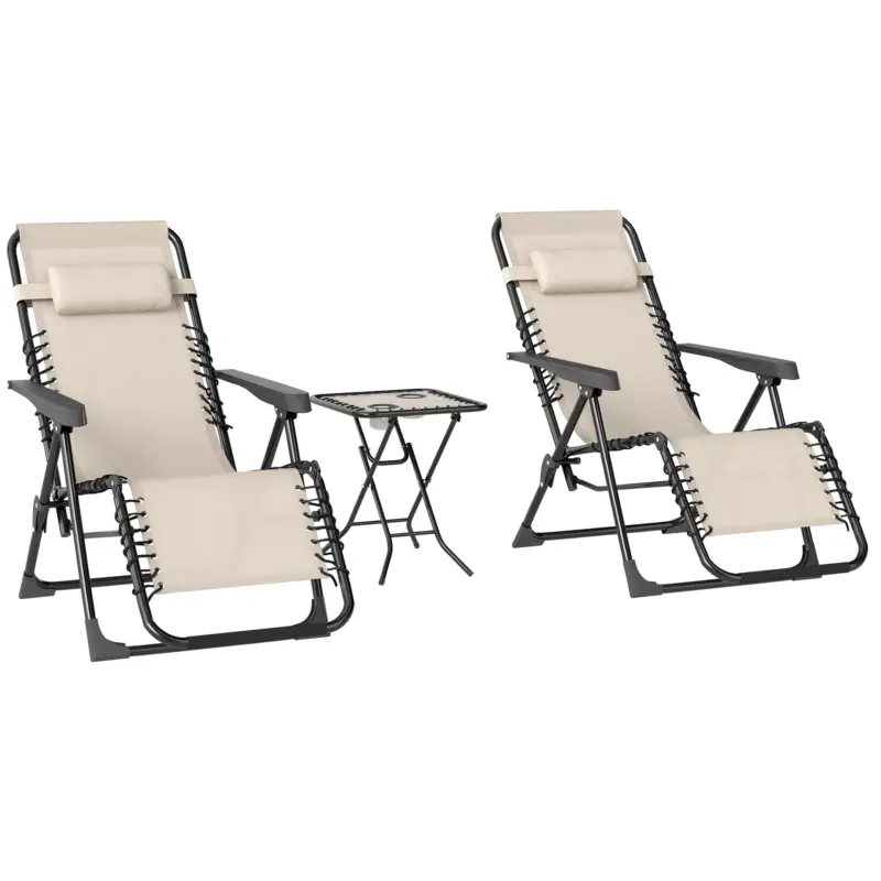 Popular Outsunny Set de 2 Șezlonguri de Grădină cu Gravitație Zero și Măsuță cu Suport pentru Pahare, 47x47x54 cm, Bej