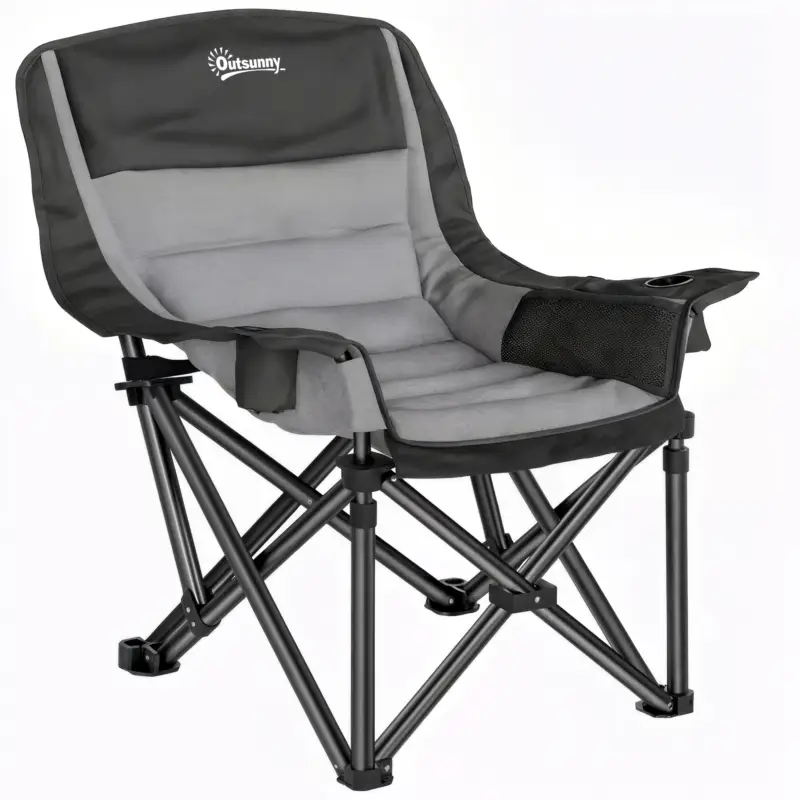 Transport gratuit Outsunny Scaun de Camping Pliabil cu 2 Suporturi pentru Pahare și Buzunare Laterale, 99x71x103 cm, Gri
