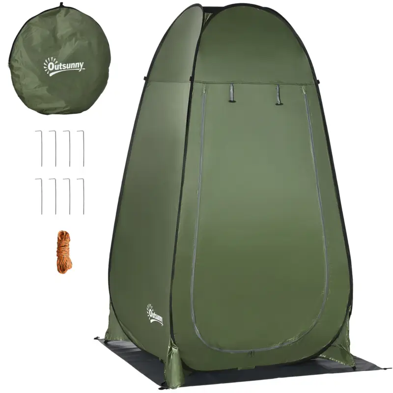 Ofertă exclusivă Outsunny Cort de Duș pentru Camping cu Ușă cu Fermoar, Geantă de Transport și Buzunar, 126x124x189 cm, Verde Închis