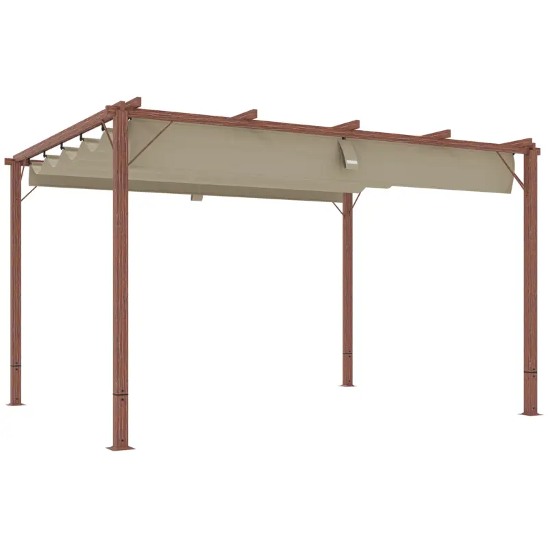 Outsunny Gazebo Pergolă cu Acoperiș Retractabil, Cuie și Șuruburi, din Poliester și Aluminiu, 382x300x232 cm, Culoare Lemn Vezi acum