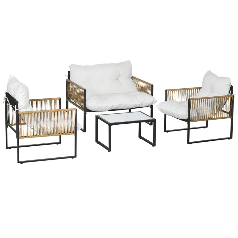 Discount Outsunny Set de Grădină 4 Piese din Ratan cu Canapea, 2 Scaune și Măsuță de Cafea, Negru, Maro și Crem