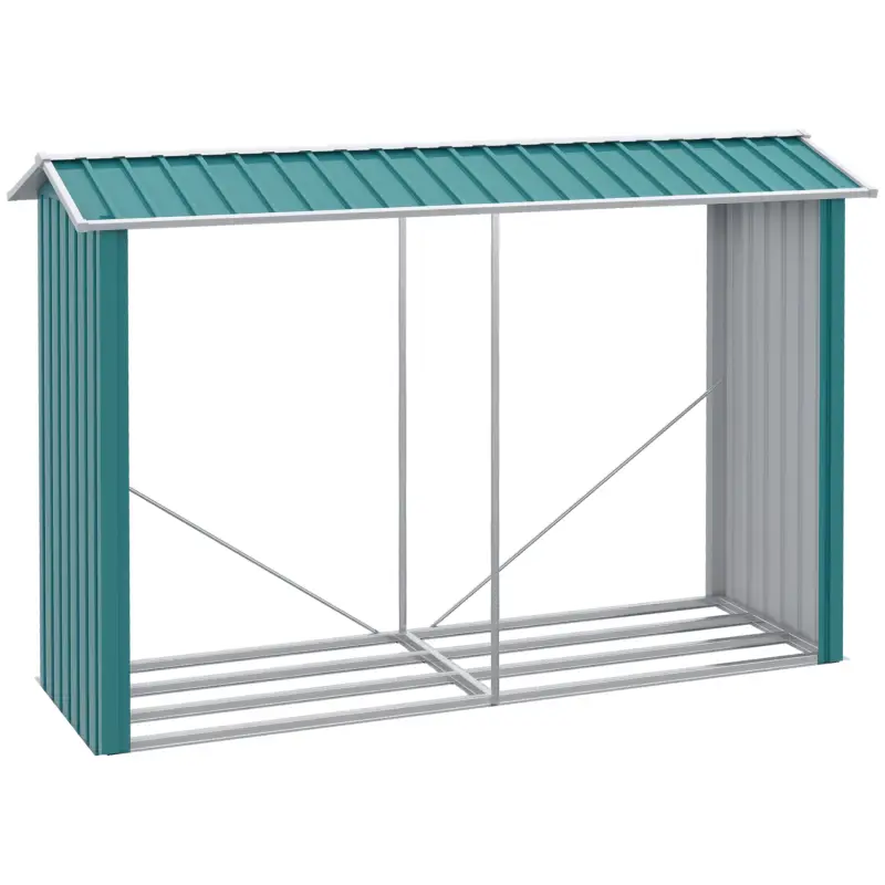 Outsunny Magazie de Depozitare a Buștenilor, Casă pentru Lemne de Foc din Otel Galvanizat cu Podea Înălțată, 240x86x160 cm, Verde Preferatul clienților