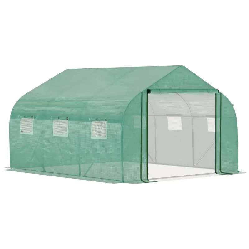 Lichidare de stoc Outsunny Sera Tunel cu Protectie PE si Structura din Otel, Poarta Tip Rulou si 6 Ferestre, 347x300x200 cm, Verde
