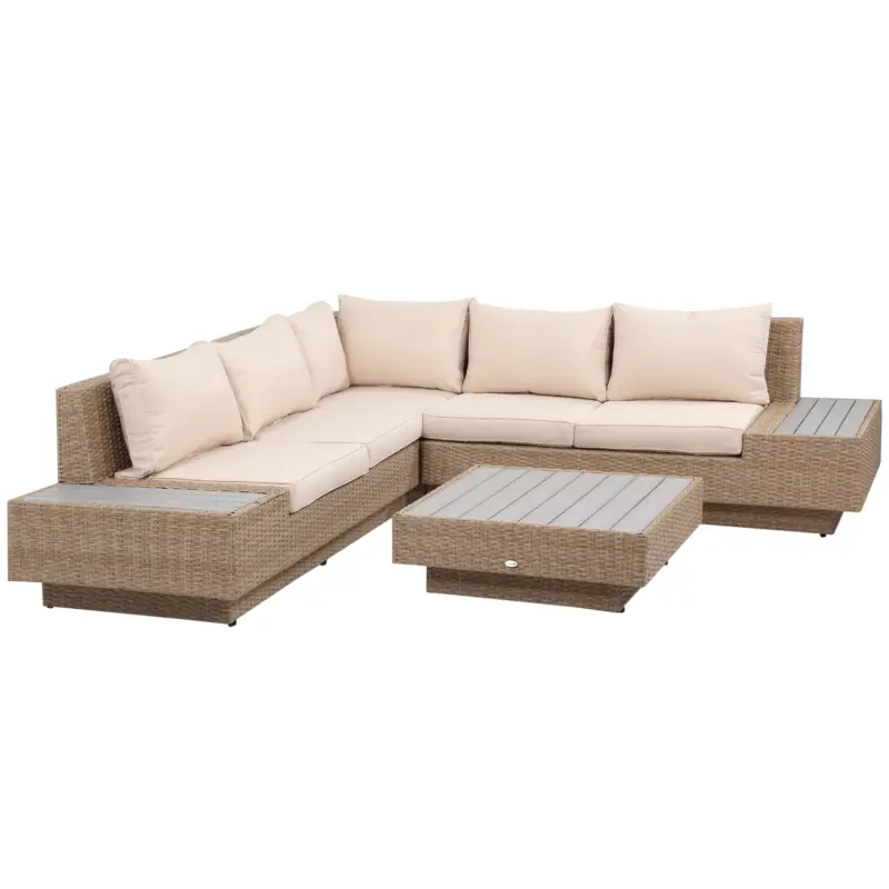 Noutate Outsunny Set Living de Gradina din Rattan, 4 Piese, Coltar pentru Exterior cu Perne, Masute Laterale si Masuta de Cafea, Maro Deschis