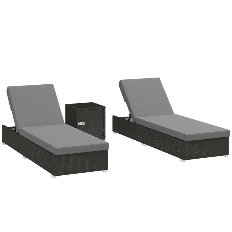 Promoție Outsunny Set 2 Șezlonguri de Grădină din Ratan cu Măsuță Laterală și Spătar Reglabil, 184x60x22 cm, Gri Închis
