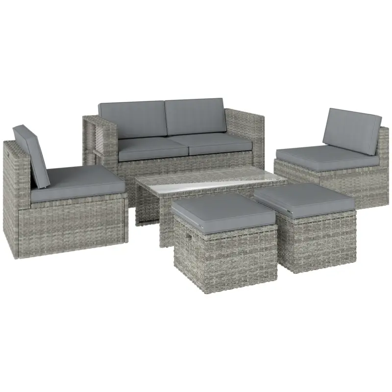 Nu rata Outsunny Set Exterior 6 Piese cu Canapea, 2 Scaune, Masă cu Blat din Sticlă și 2 Suporturi pentru Picioare, Gri Închis