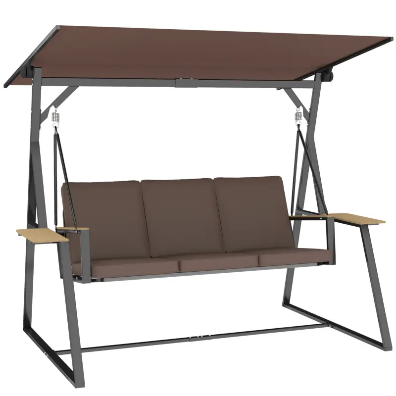 Outsunny Leagăn de grădină cu 3 locuri, cu copertină reglabilă, cadru metalic, suporturi pentru pahare, perne moi, greutate suportată 360 kg, pentru terasă sau balcon, 222x131x175 cm, maro Discount